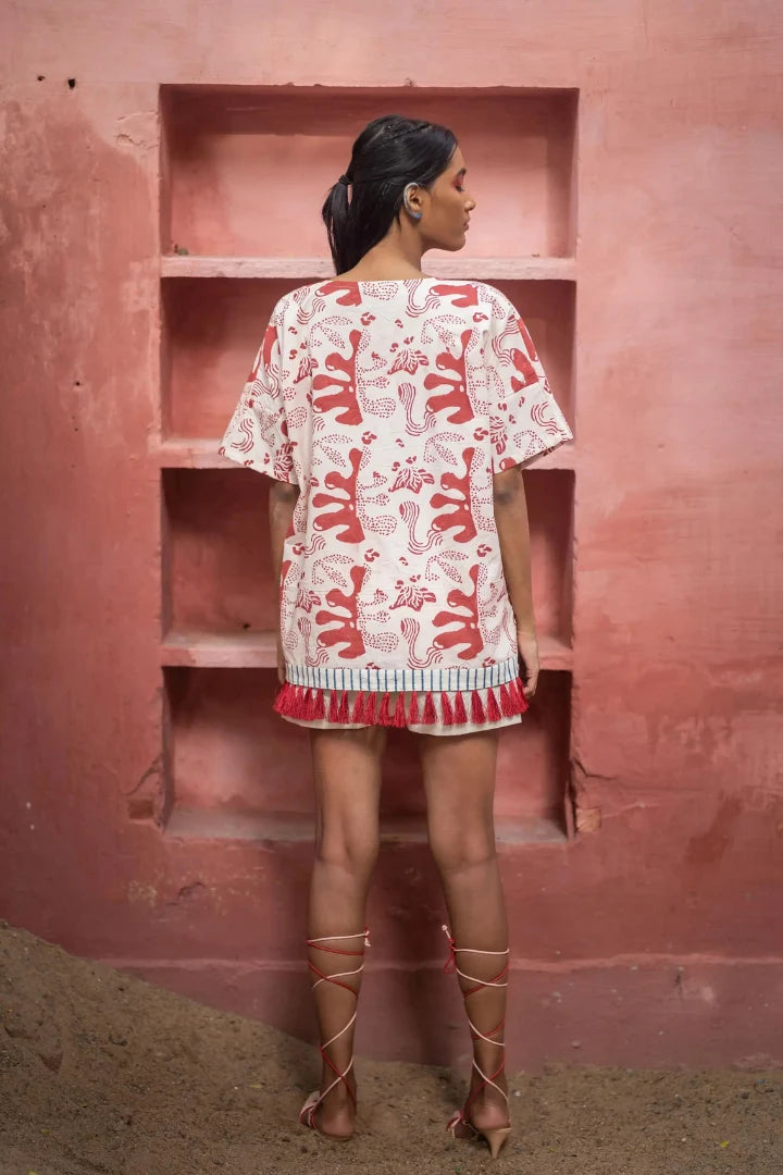 Ilamra hand block printed organic cotton naturally dyed white and red top