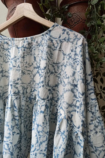 Ilamra sustainable clothing organic cotton indigo and white hand block printed tent top