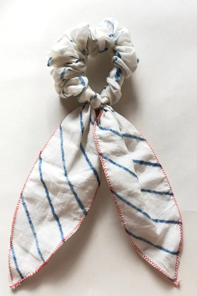 Ilamra hand block printed sustainably made naturally dyed Indigo and off-white Upcycled organic Cotton Mul scrunchie
