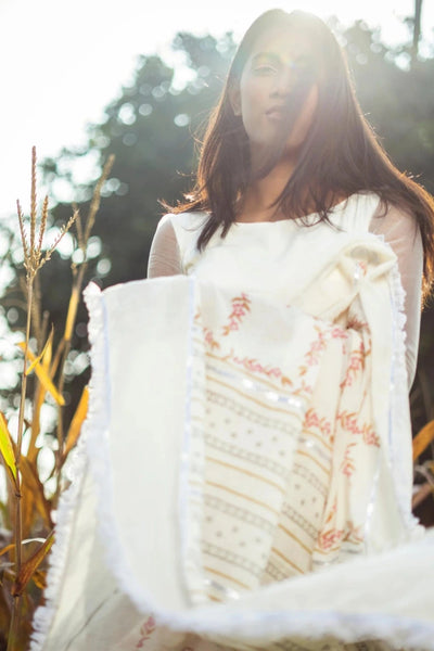 Ilamra kalamkari craft hand block printed organic cotton Pink and green peppercorn motifs on a pebble white base saree