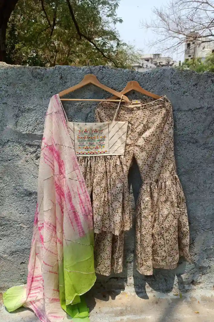Ilamra sustainable clothing organic cotton Olive Green, Rose Pink hand block printed sharara