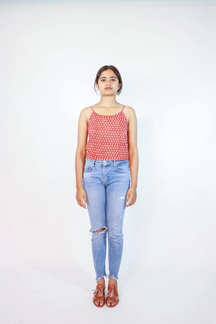 Ilamra sustainable clothing organic cotton madder red and beige hand block printed sexy crop top