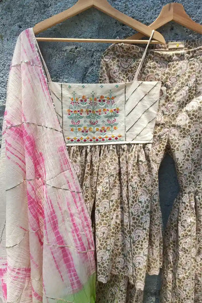 Ilamra sustainable clothing organic cotton Olive Green, Rose Pink hand block printed sharara