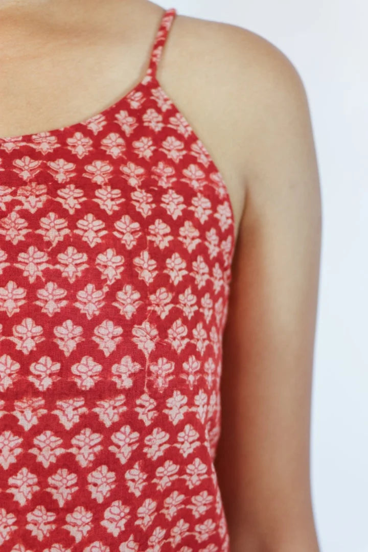 Ilamra sustainable clothing organic cotton madder red and beige hand block printed sexy crop top