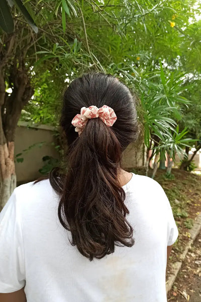 Ilamra kalamkari craft hand block printed organic cotton Blush pink and off-white scrunchie