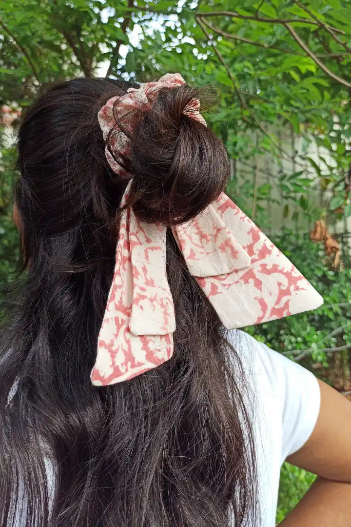 Ilamra kalamkari craft hand block printed organic cotton Blush pink and off-white elegant scrunchie