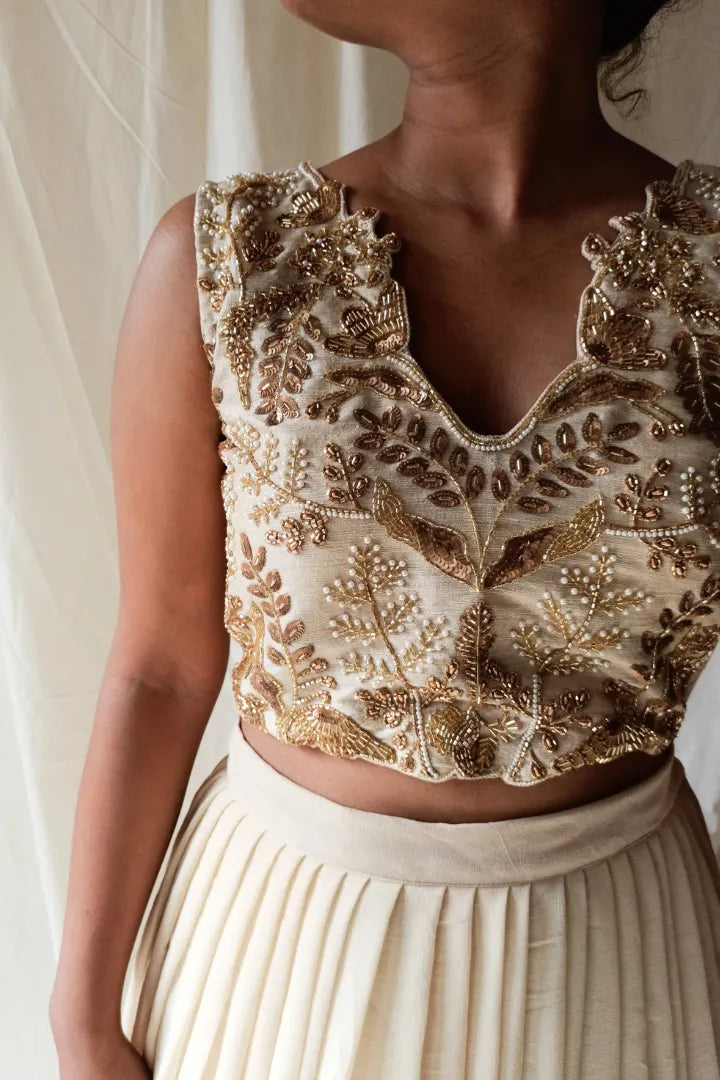 Ilamra sustainable clothing organic cotton beige hand block printed blouse and lehenga set