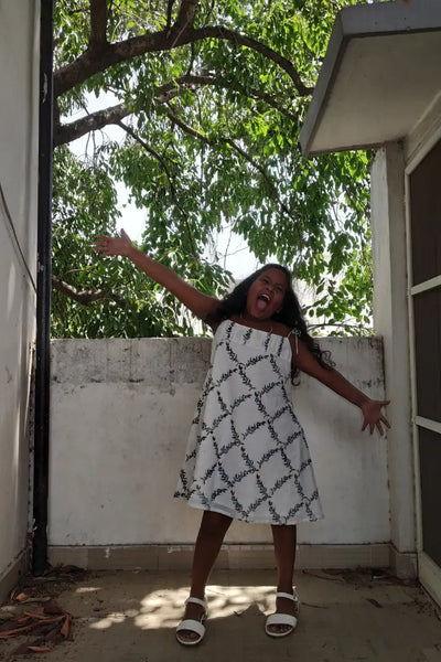 Ilamra hand block printed sustainably made naturally dyed Indigo and off-white peppercorn print cute frock
