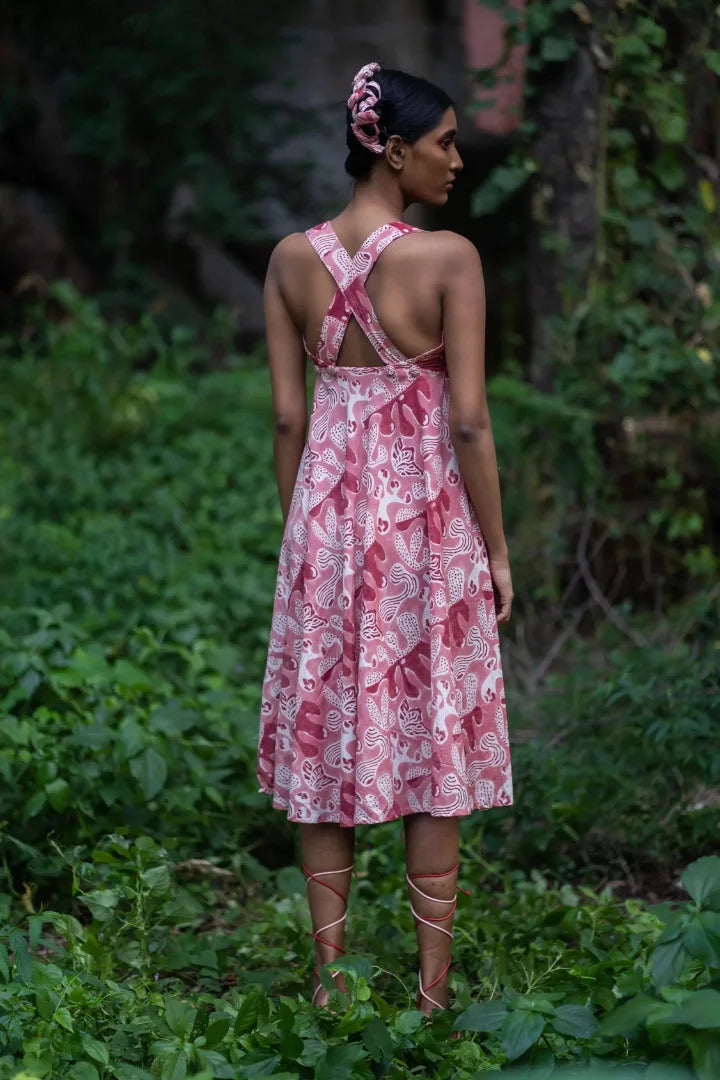 Ilamra hand block printed organic cotton naturally dyed pink and red dress