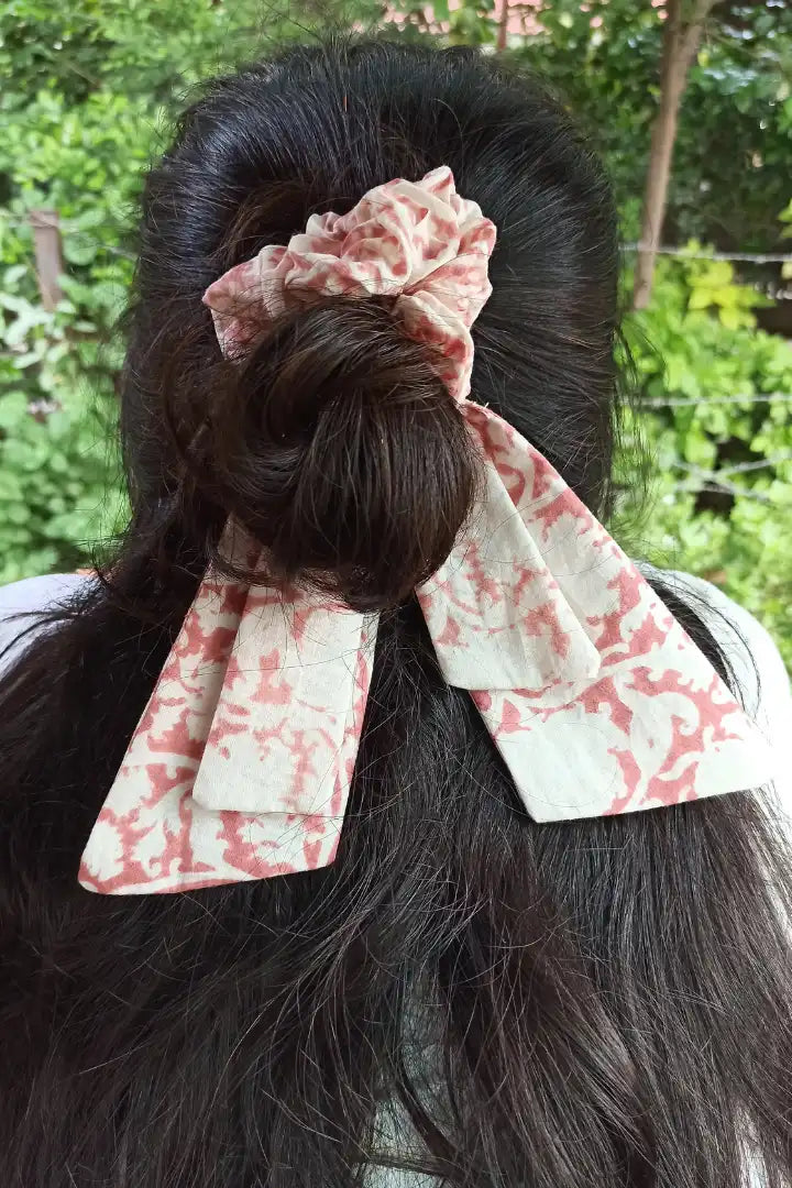 Ilamra kalamkari craft hand block printed organic cotton Blush pink and off-white elegant scrunchie