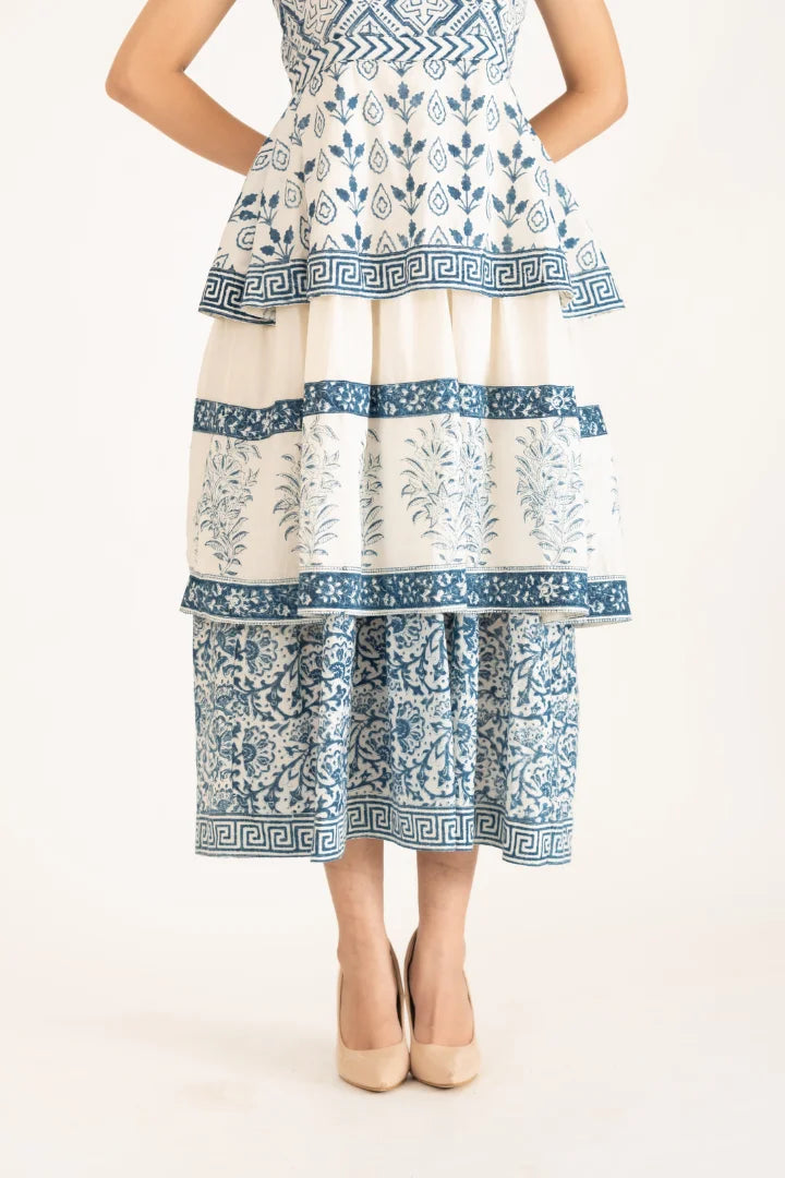 Ilamra kalamkari craft hand block printed organic cotton Indigo and off-white beautiful tiered dress