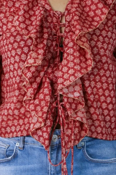 Ilamra sustainable clothing organic cotton madder red and beige hand block printed sexy ruffle top