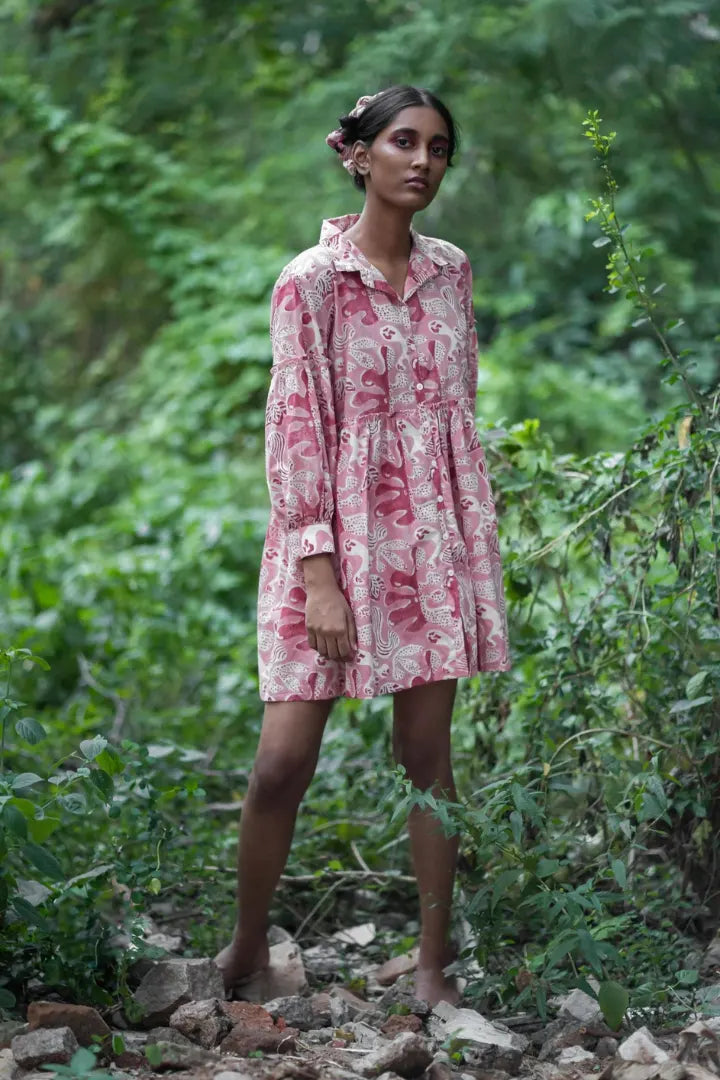 Ilamra hand block printed organic cotton naturally dyed pink and red dress