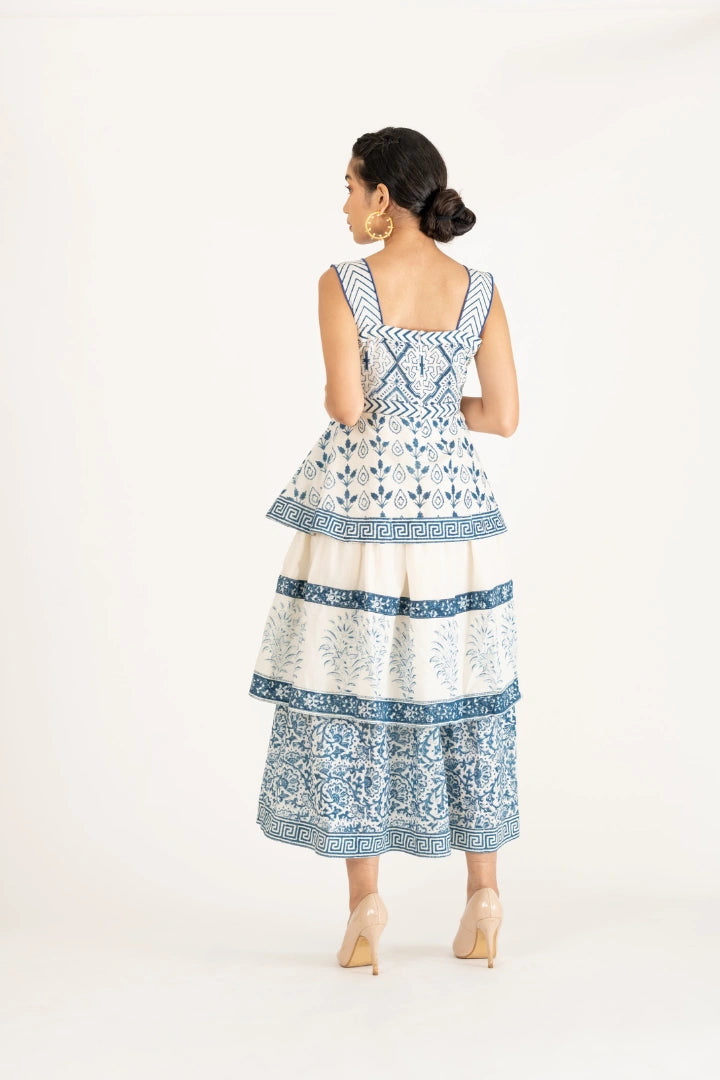 Ilamra kalamkari craft hand block printed organic cotton Indigo and off-white beautiful tiered dress