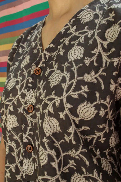 Ilamra kalamkari craft hand block printed organic cotton black and beige co-ord set