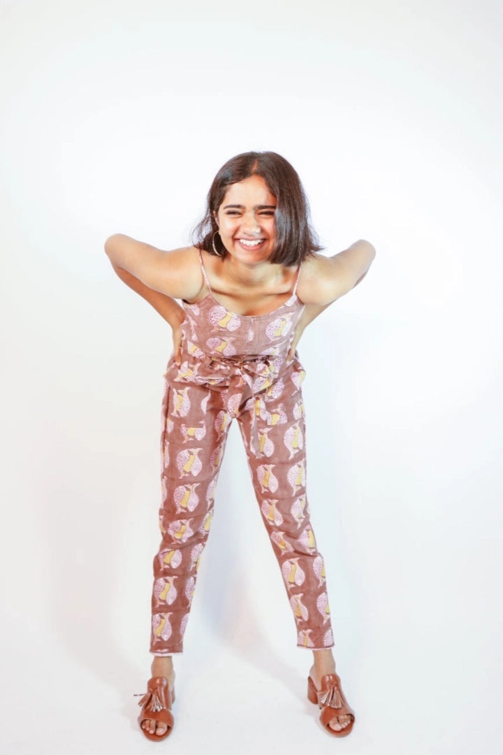 Ilamra sustainable clothing organic cotton Red, yellow and Brown hand block printed crop top and pants co-ord set