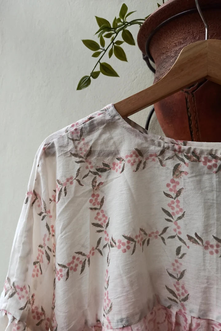 Ilamra sustainable clothing organic cotton pink, green and off-white hand block printed tent top