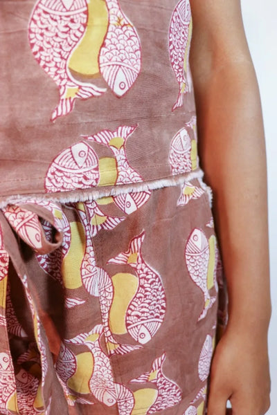 Ilamra sustainable clothing organic cotton Red, yellow and Brown hand block printed crop top and pants co-ord set
