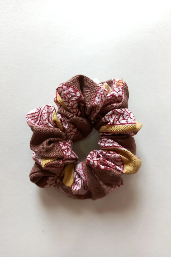 ilamra hand block printed naturally dyed organic cotton Brown, hints of red and yellow upcycled cotton scrunchie