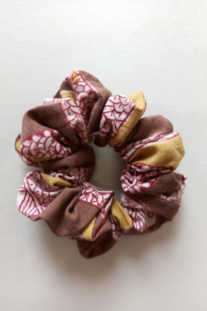 ilamra hand block printed naturally dyed organic cotton Brown, hints of red and yellow upcycled cotton scrunchie