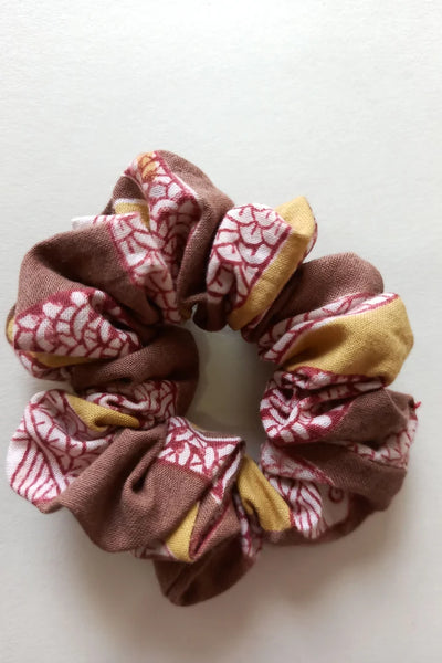 ilamra hand block printed naturally dyed organic cotton Brown, hints of red and yellow upcycled cotton scrunchie