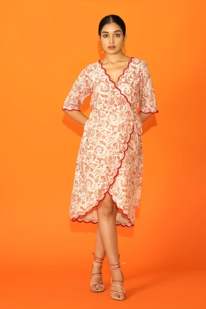 Mulmul White Orange Printed V neckline Sleeveless Short Dress for