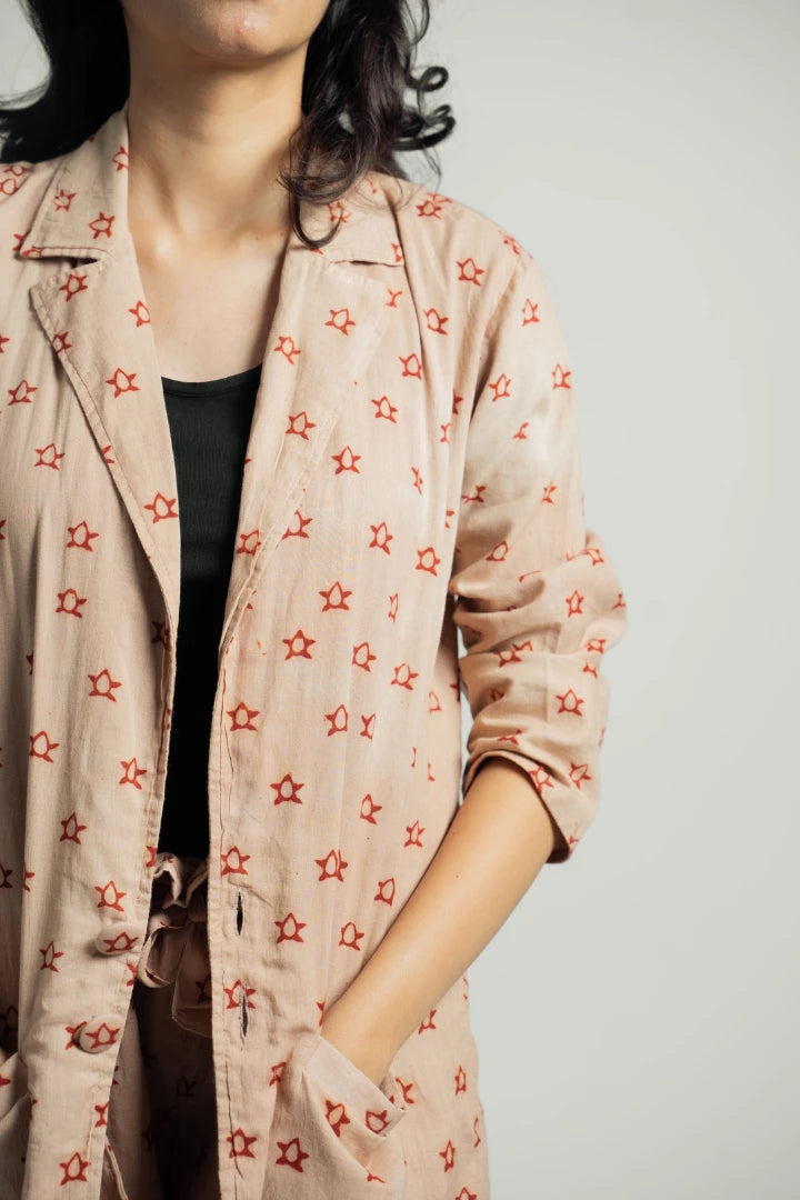 Ilamra sustainable clothing organic cotton madder red and beige hand block printed soft blazer