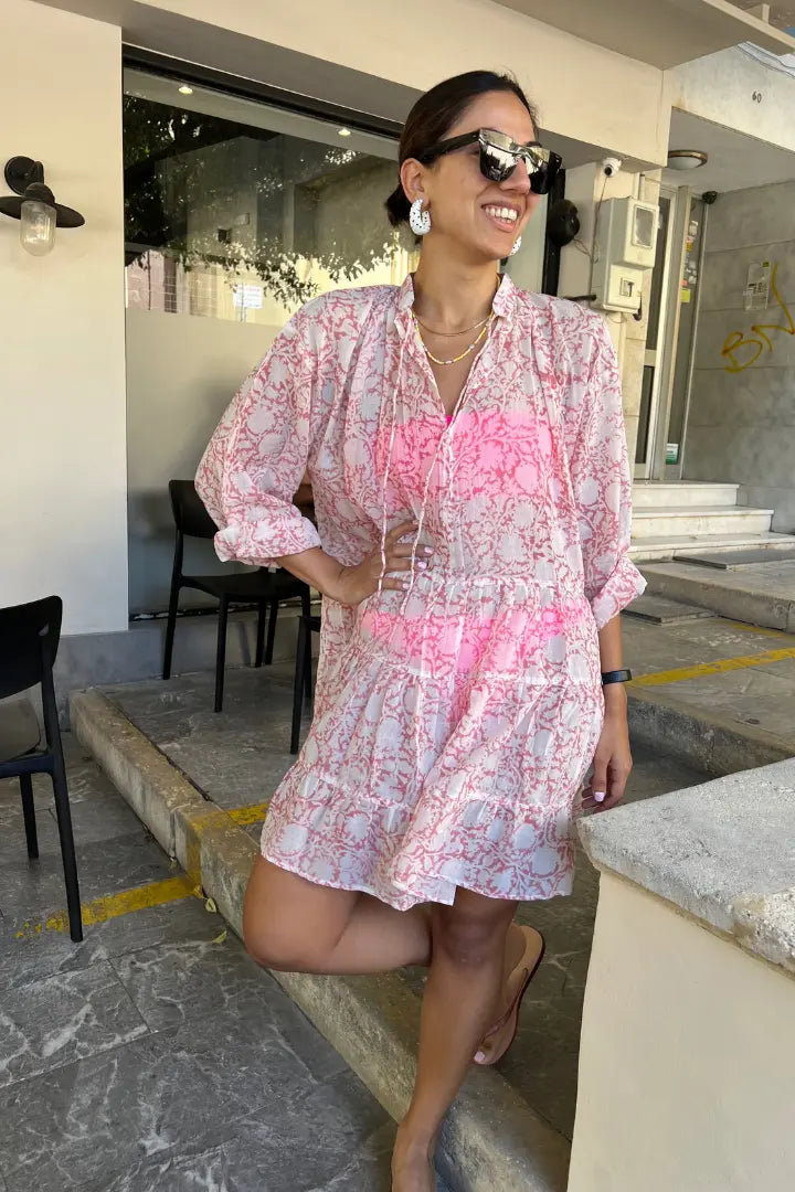 Ilamra sustainable clothing organic cotton Off-white and blush pink hand block printed tiered dress with puffed sleeves