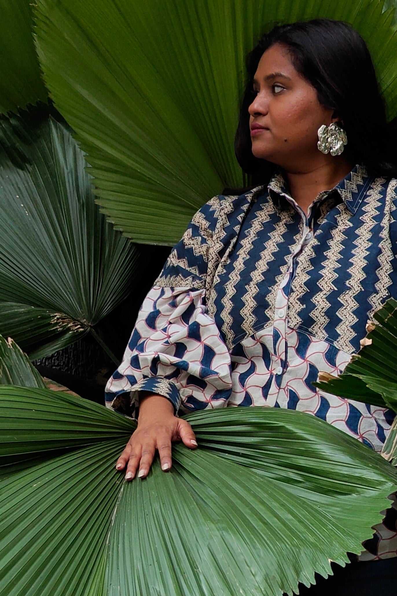 Ilamra hand block printed Kalamkari art organic cotton naturally dyed paneled blouse, intricate indigo print patchwork and the big puffy sleeves shirt