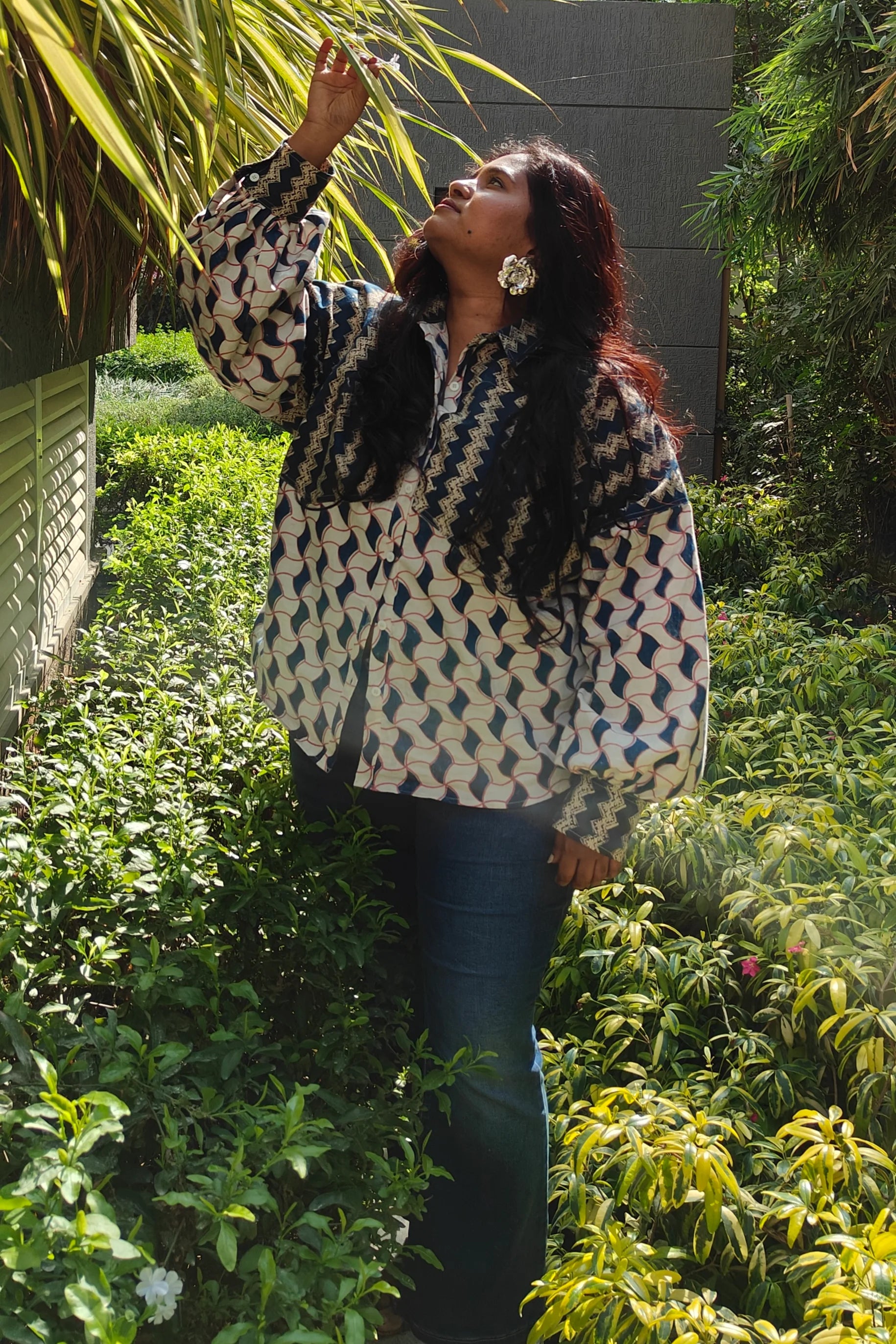 Ilamra hand block printed Kalamkari art organic cotton naturally dyed paneled blouse, intricate indigo print patchwork and the big puffy sleeves shirt