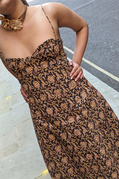 Ilamra hand block printed Kalamkari art organic cotton naturally dyed black, hazel, and beige glamorous, minimalistic slip dress dress