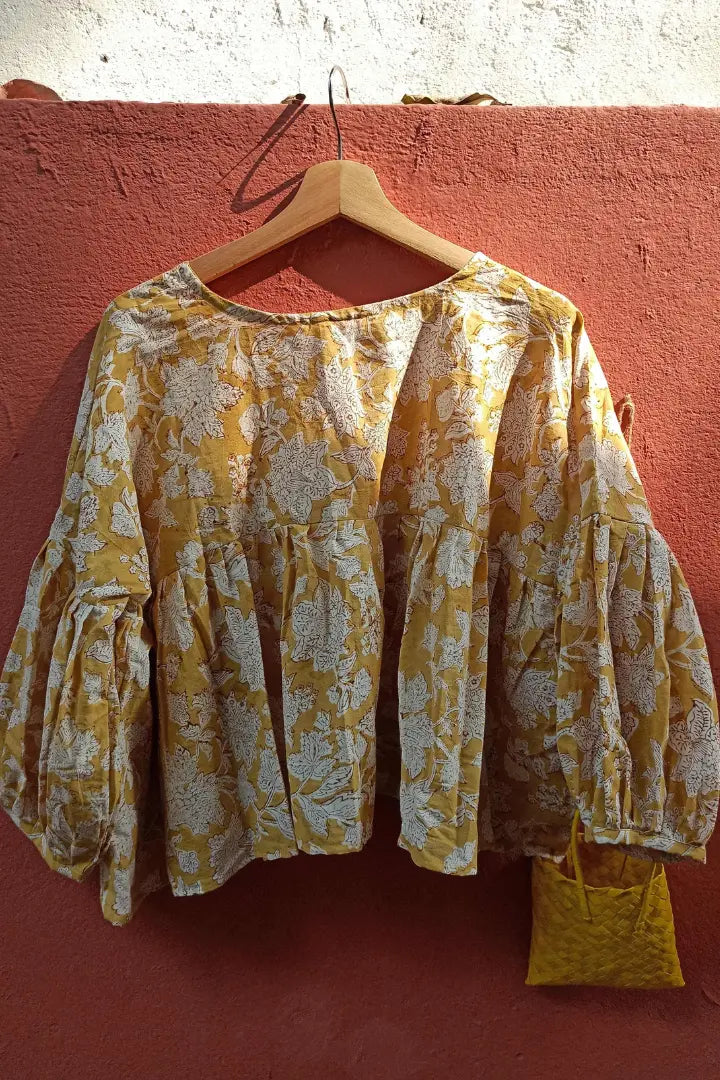 Ilamra sustainable clothing organic cotton Mustard yellow with hints of brown hand block printed top