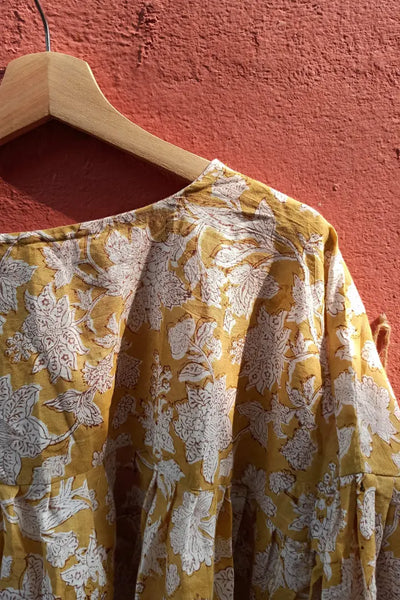 Ilamra sustainable clothing organic cotton Mustard yellow with hints of brown hand block printed top