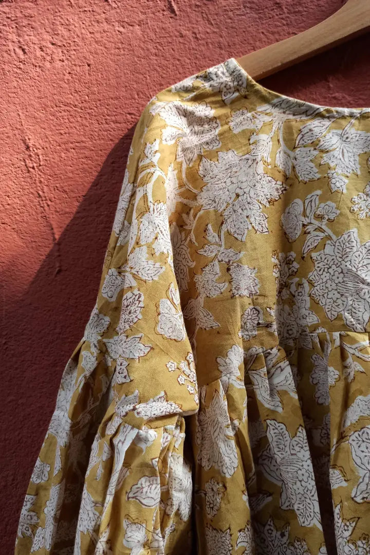 Ilamra sustainable clothing organic cotton Mustard yellow with hints of brown hand block printed top