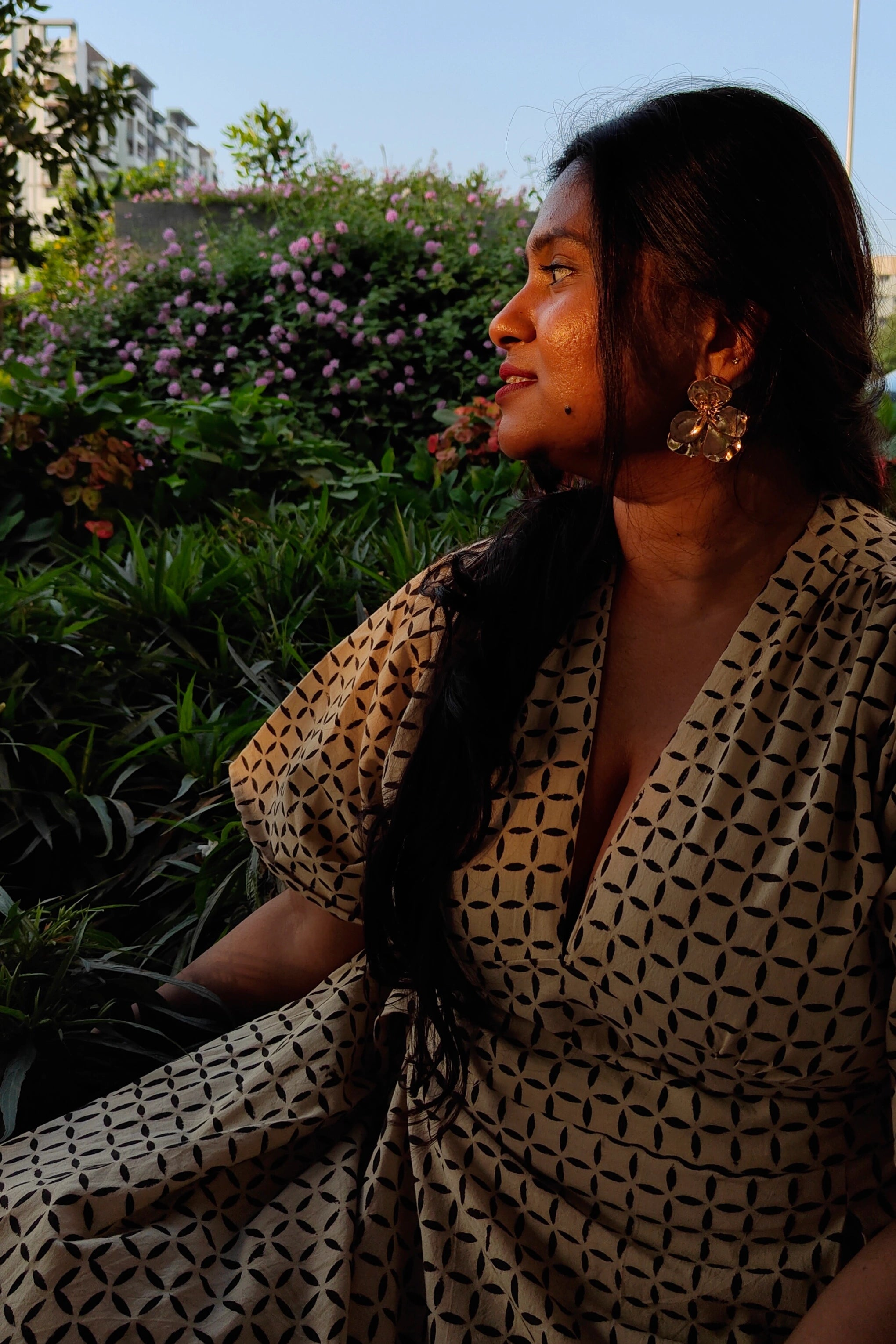 Ilamra hand block printed Kalamkari art organic cotton naturally dyed retro bell sleeves, cinched waistline, symmetrical geometric print breezy dress