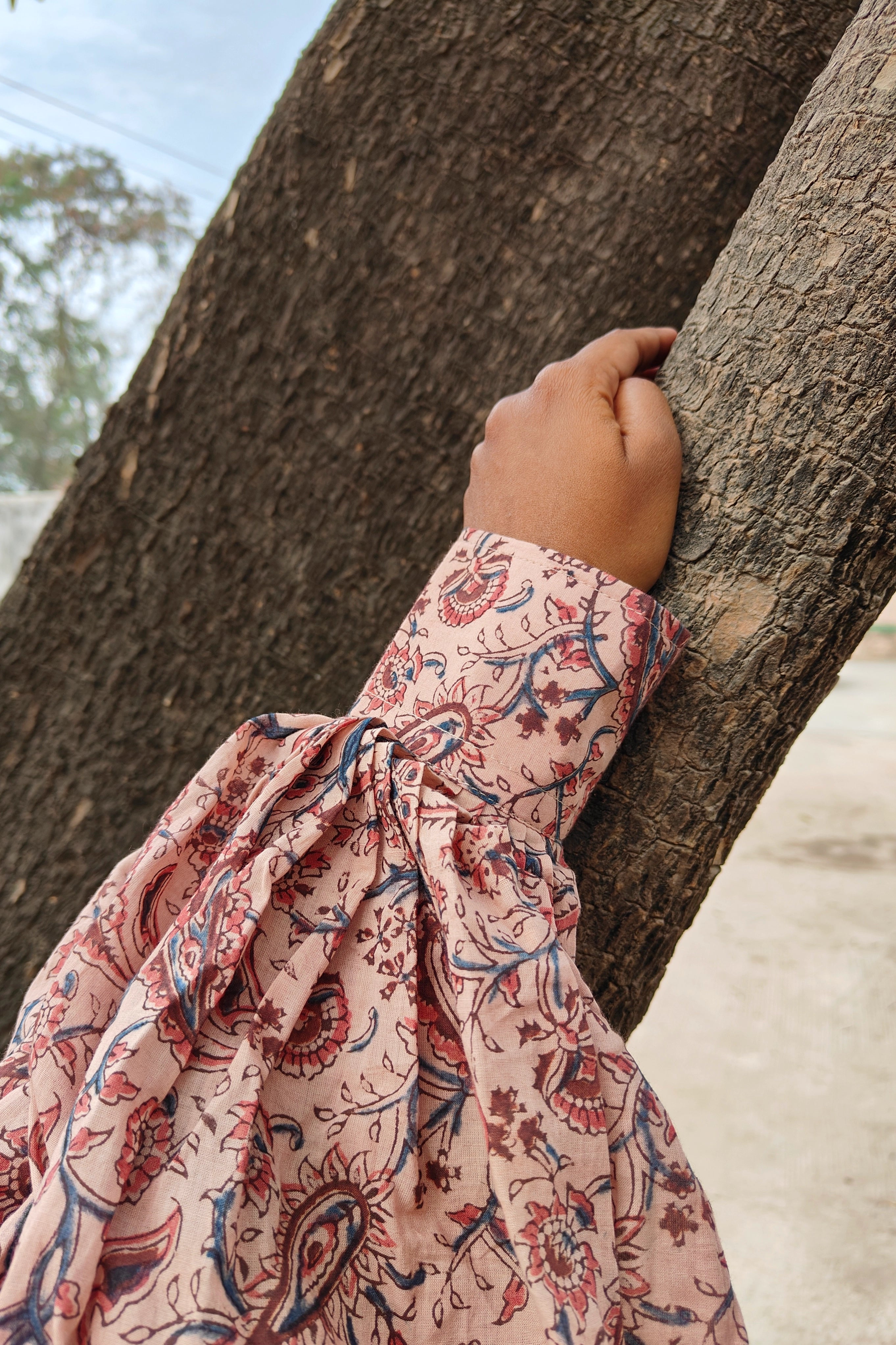 Ilamra hand block printed Kalamkari art organic cotton naturally dyed in deep indigo, madder red and rosy pink, puffy sleeves, elegant, classy, beautiful, bodycon dress
