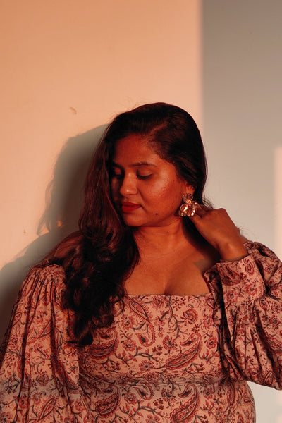 Ilamra hand block printed Kalamkari art organic cotton naturally dyed in deep indigo, madder red and rosy pink, puffy sleeves, elegant, classy, beautiful, bodycon dress