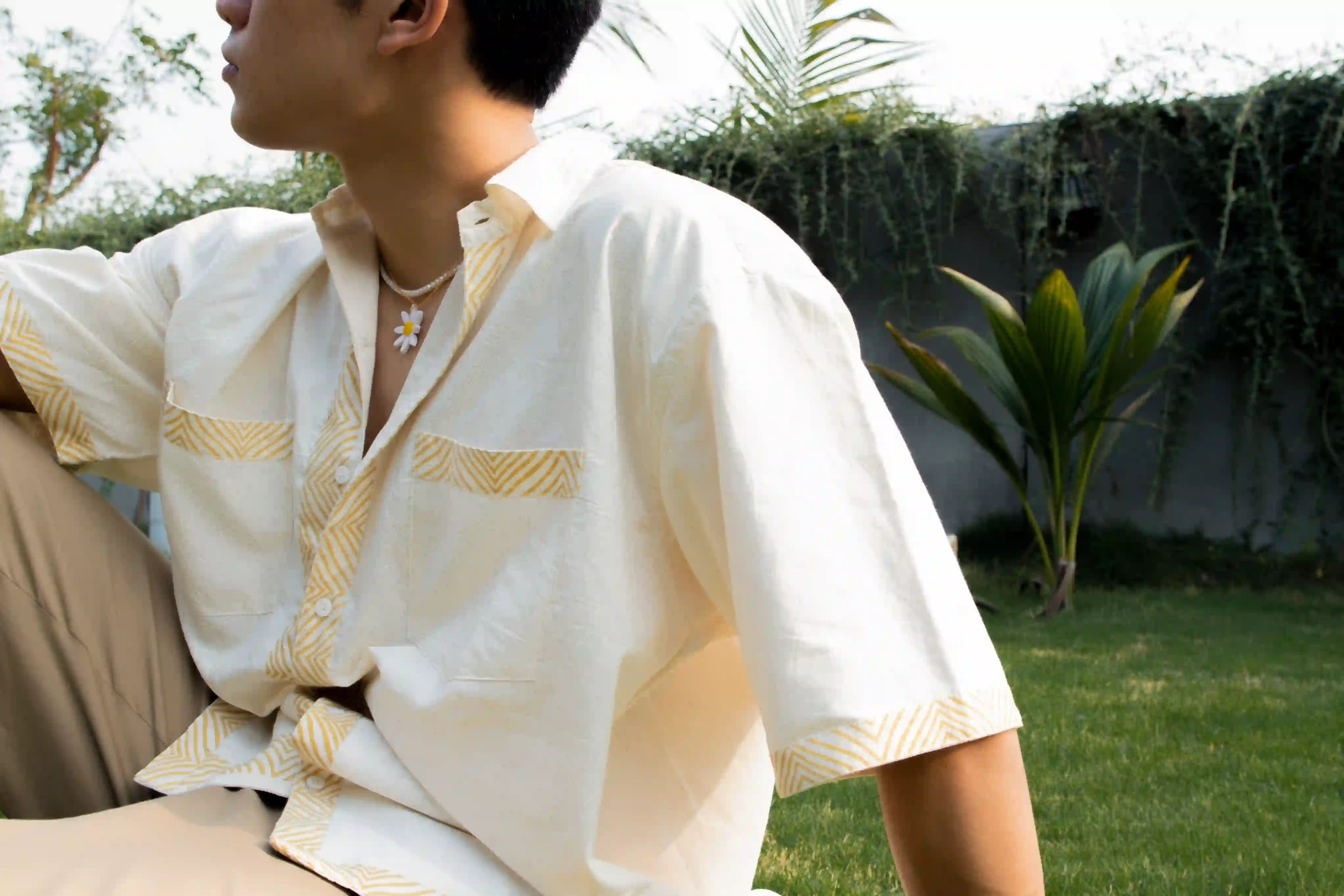 ilamra men's hand block printed naturally dyed organic cotton off-white and yellow shirt