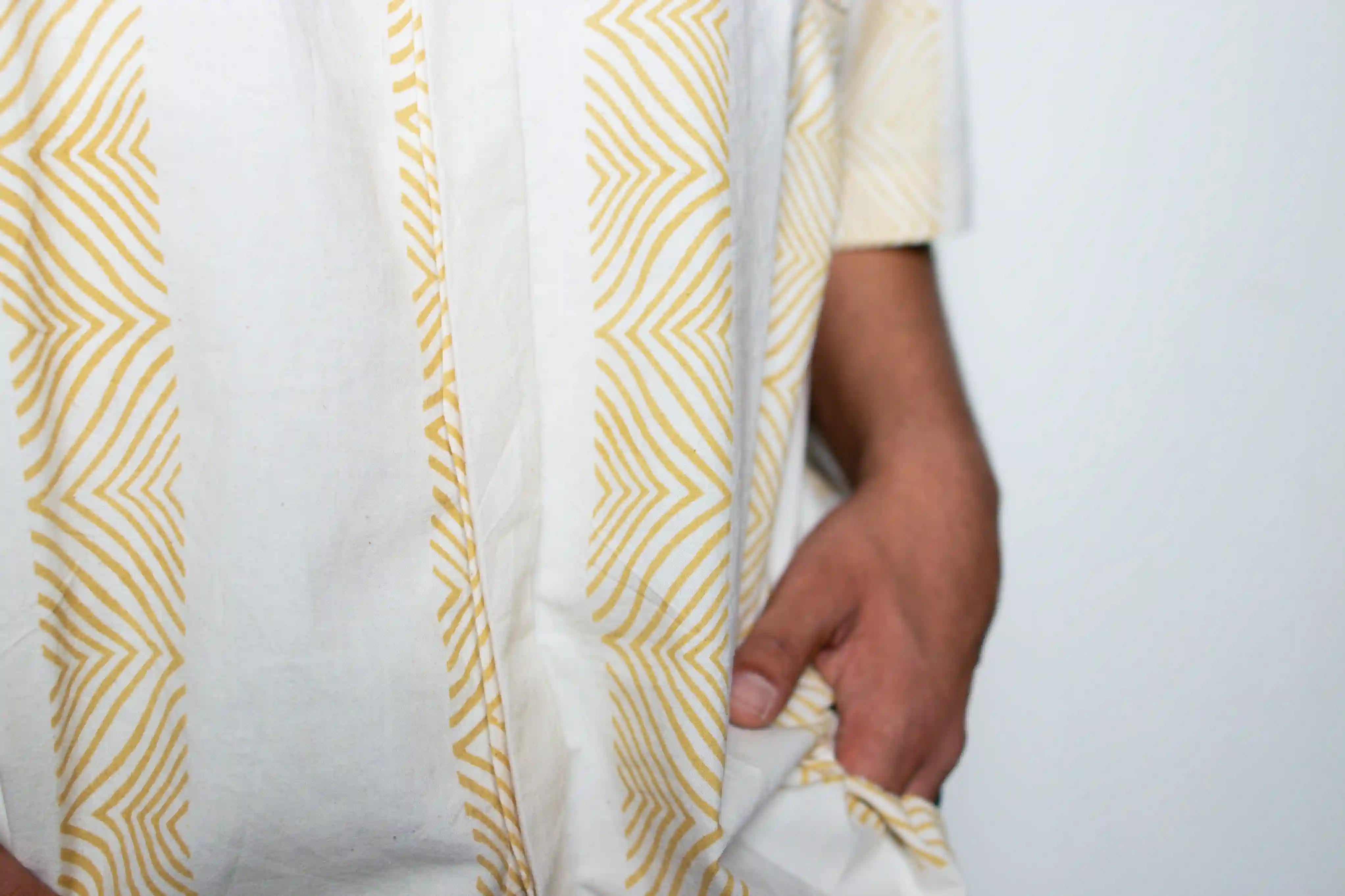 ilamra men's hand block printed naturally dyed organic cotton off-white and yellow shirt