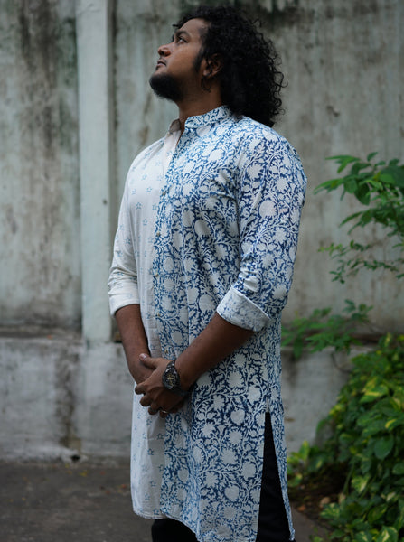 Men's Cotton Kurta featuring indigo turtle print on one side and Indigo floral print on the other. 